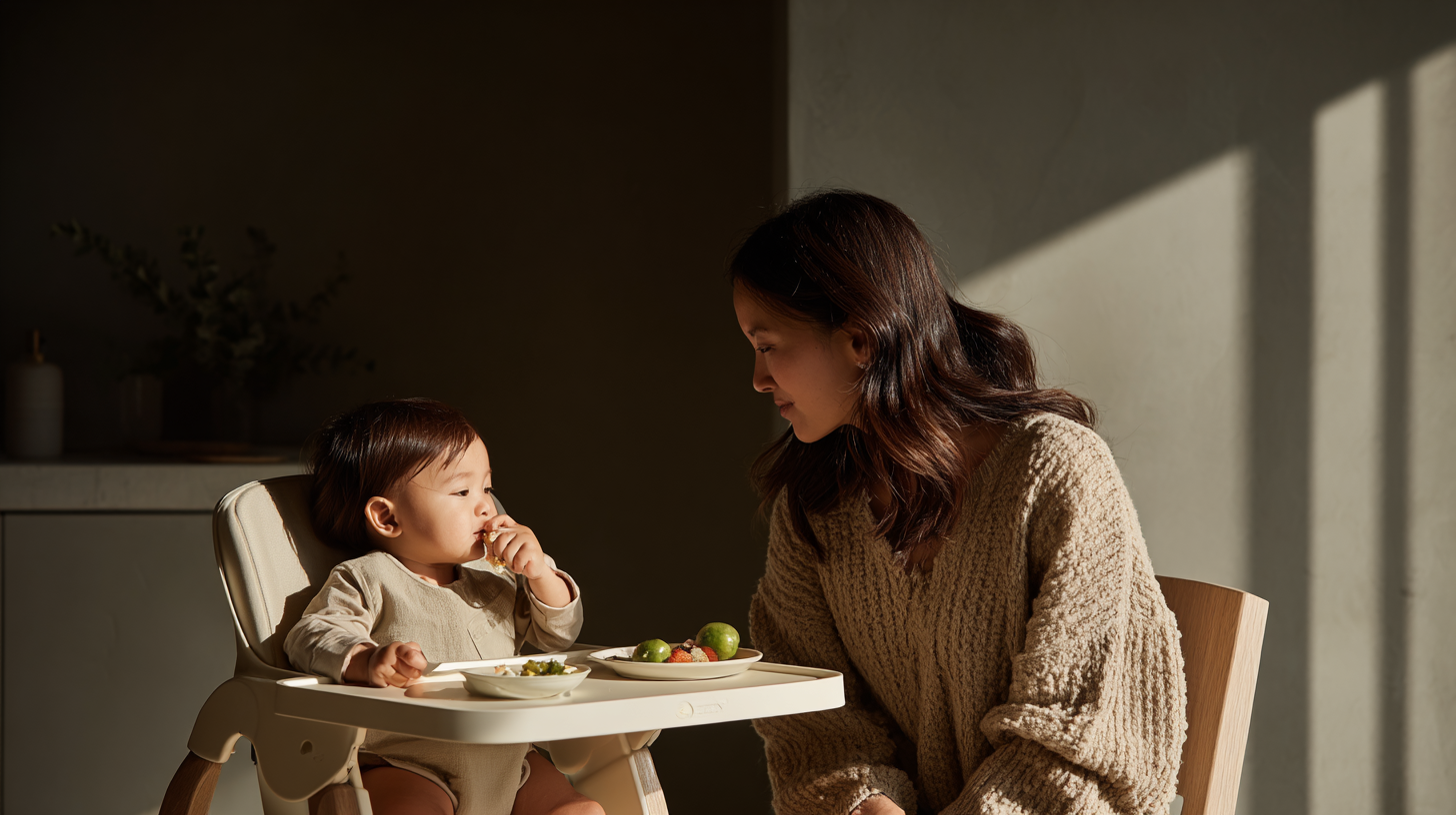 Safe family mealtime showing parent supervising toddler eating properly prepared food at table
