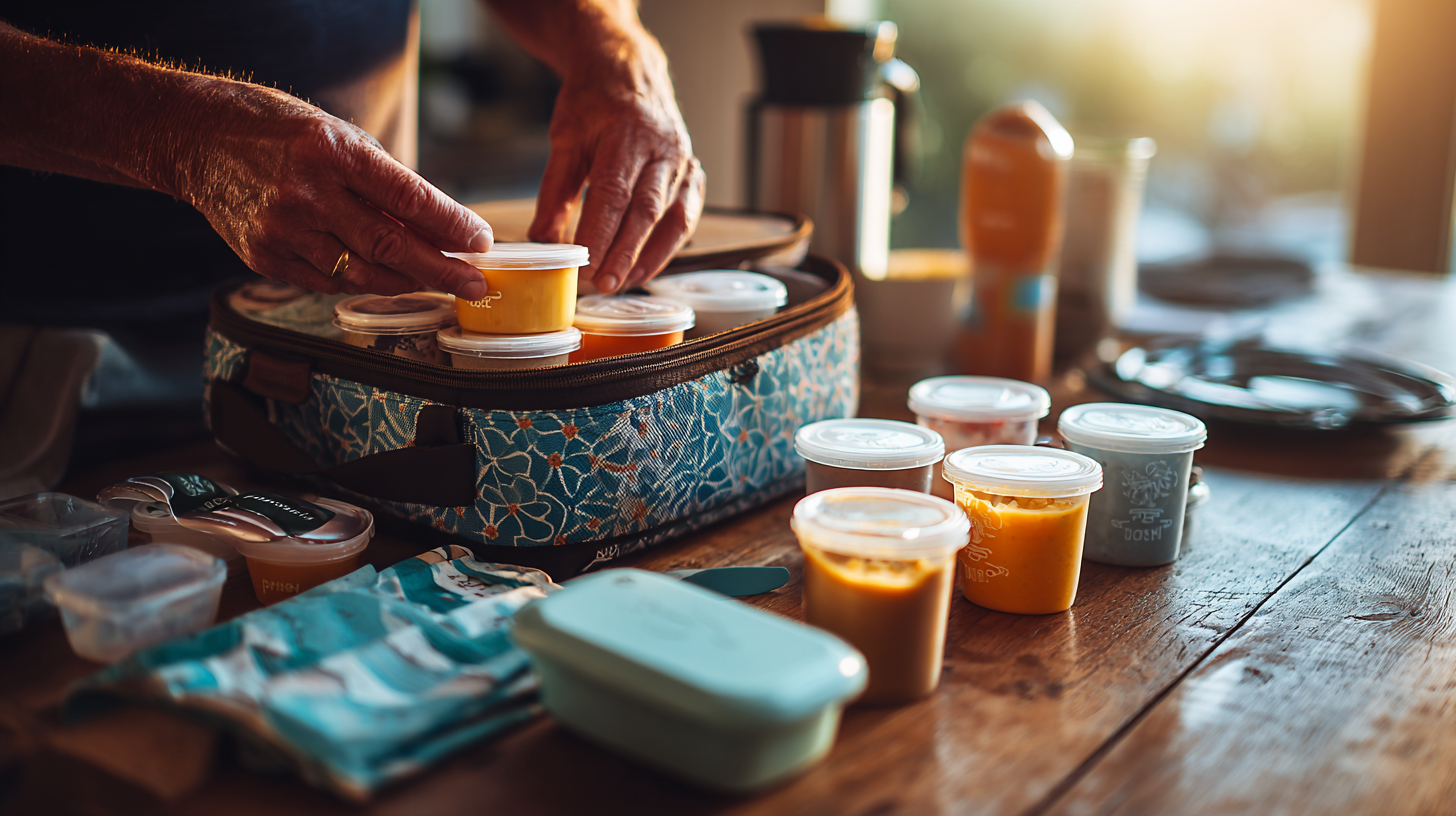 Parent packing baby feeding supplies for travel including portable containers, utensils, and baby food in organized travel bags