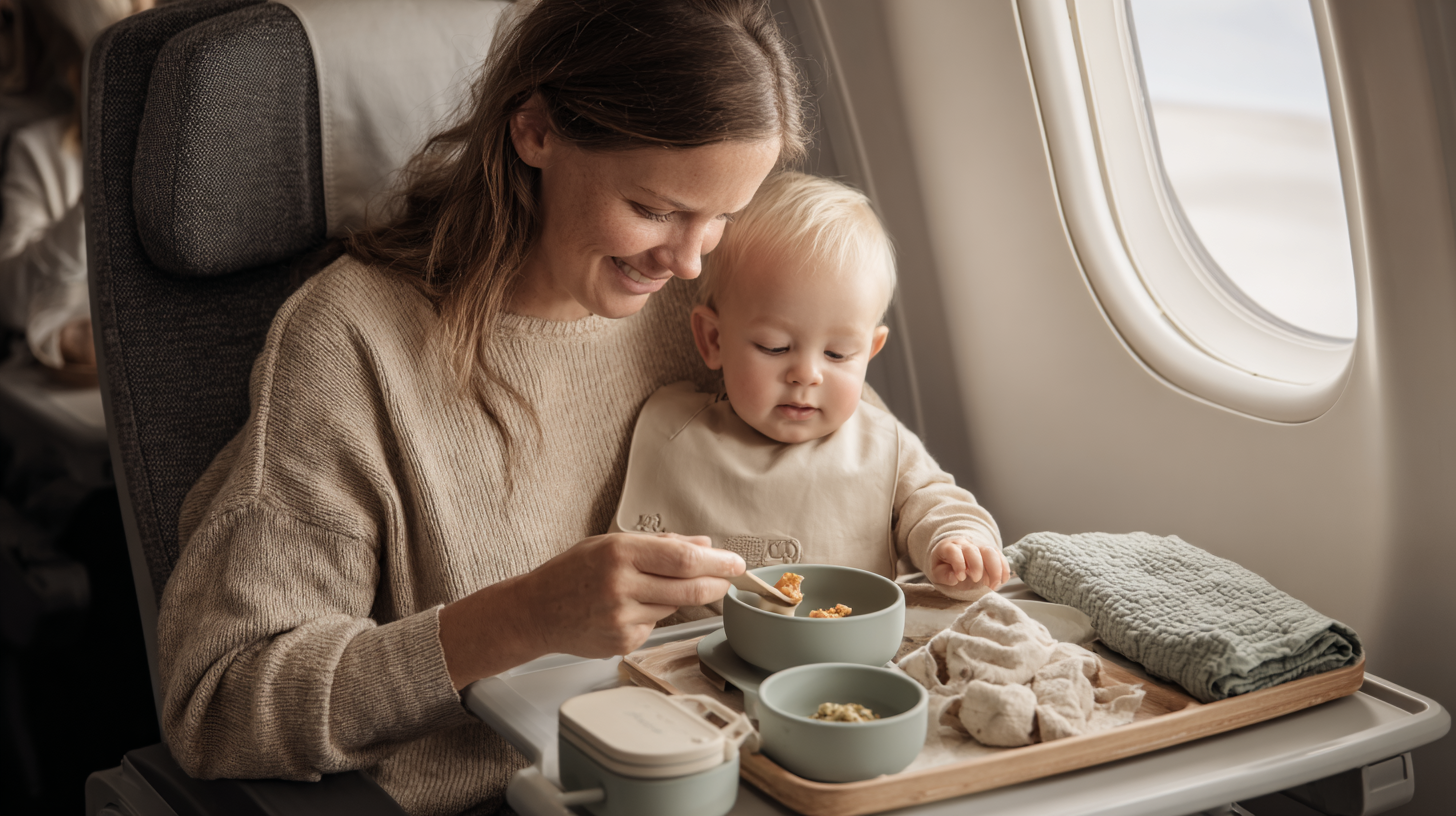 Mother feeding baby in airplane seat with travel-friendly feeding equipment and organized meal setup during flight