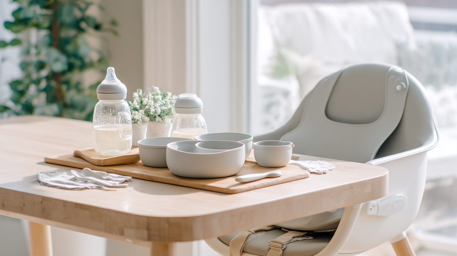 Essential feeding equipment laid out on a clean kitchen counter showing only necessary items