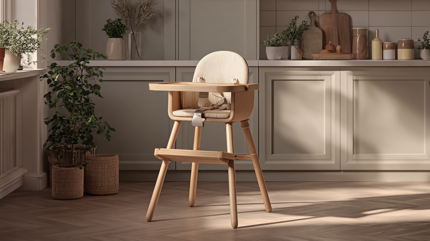 High chair safety features with 5-point harness and stable base showing proper positioning