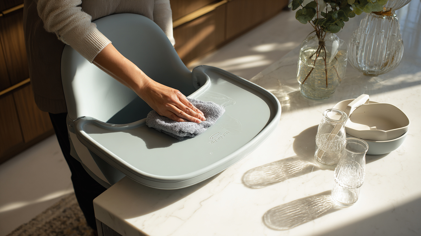 Clean high chair with smooth surfaces and dishwasher-safe tray being wiped down easily