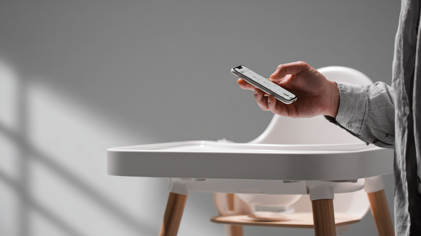 Parent checking high chair model number and verifying safety compliance with smartphone