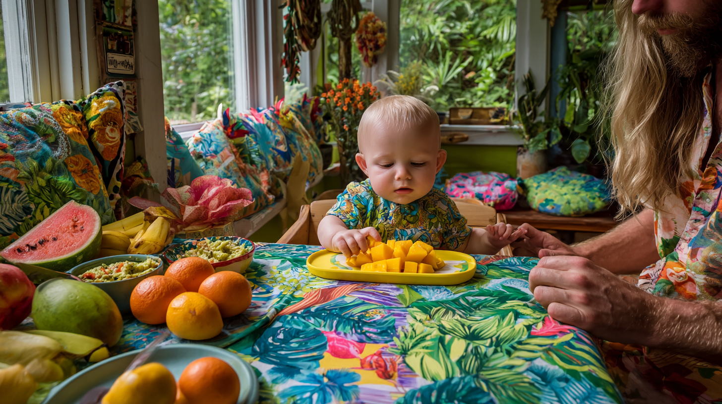 Baby sitting at family dinner table with parents sharing a meal together