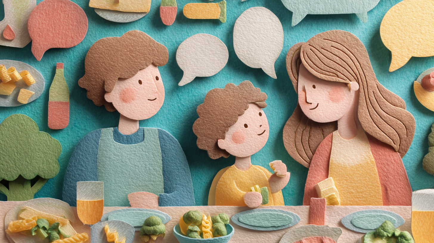 Baby trying colorful Caribbean-inspired foods at family table with parents looking on encouragingly