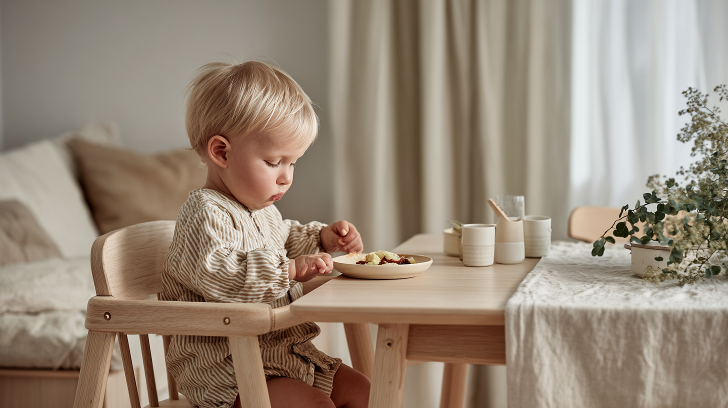 Toddler successfully self-feeding at family table while family members smile and interact