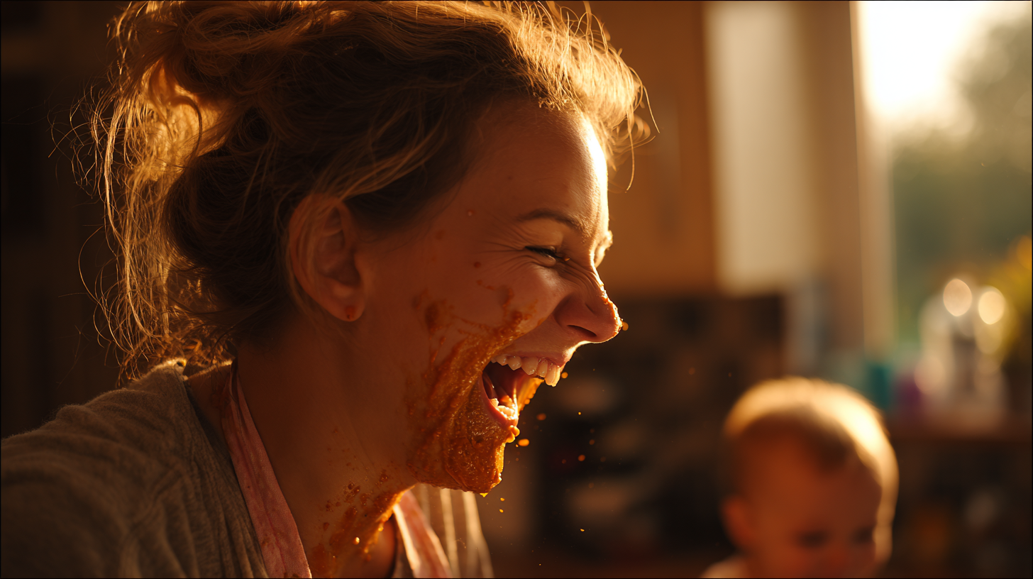 Parent laughing while covered in baby food mess showing resilience and humor