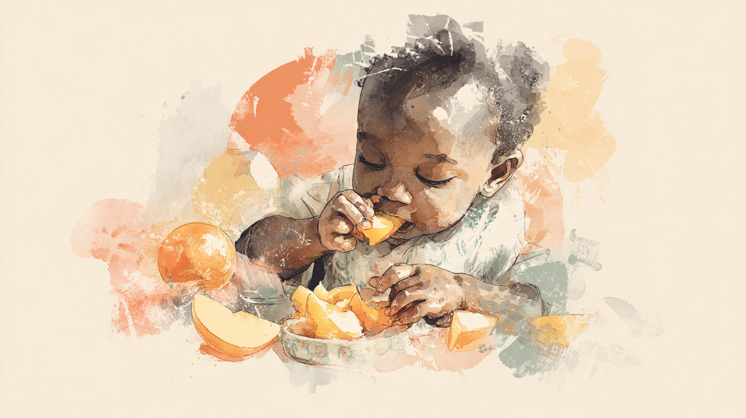 Baby exploring self-feeding with colorful Caribbean foods including mango and sweet potato