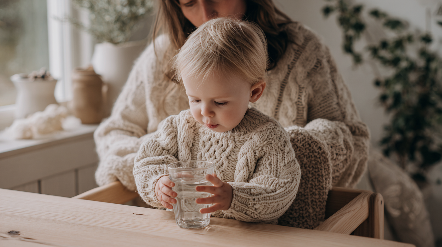 Toddler practicing cup drinking skills with parent guidance and encouragement