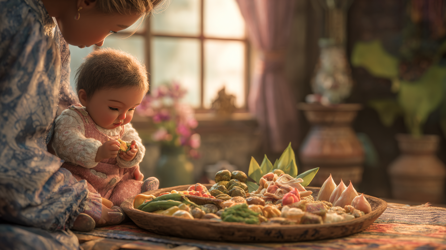Parent observing baby's feeding milestones and developmental progress with variety of foods
