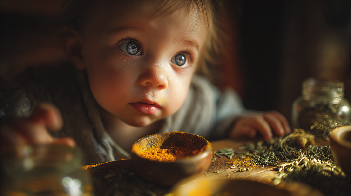 Baby exploring colorful spiced foods and herbs with curious expression