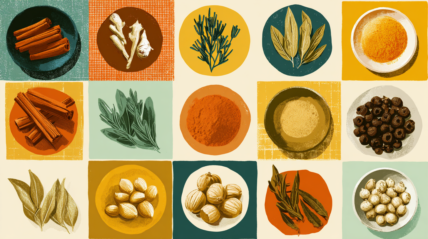 Colorful array of baby-safe spices and herbs displayed with fresh ingredients