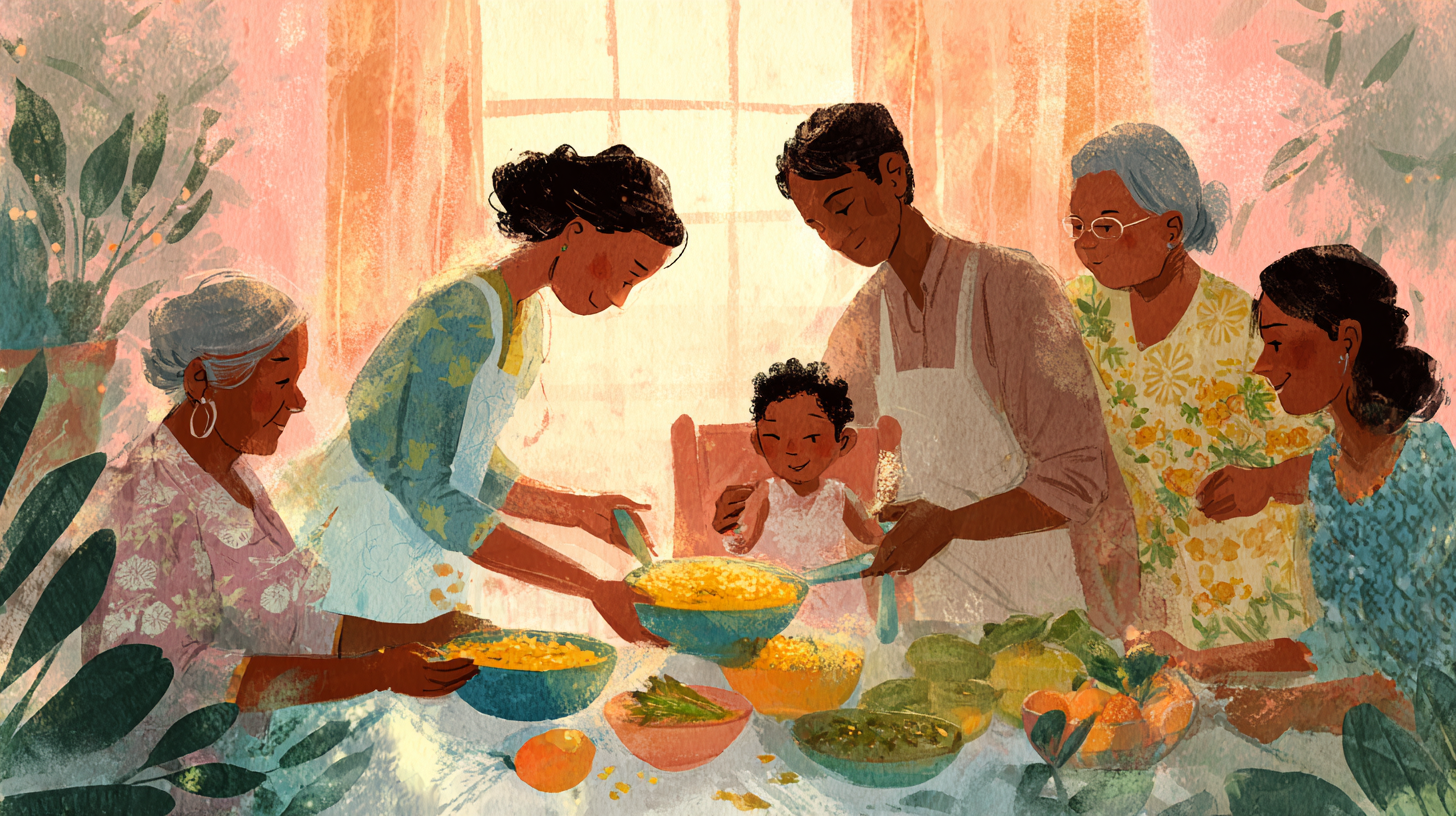 Parent and baby sharing a meal with colorful, spiced foods on the table