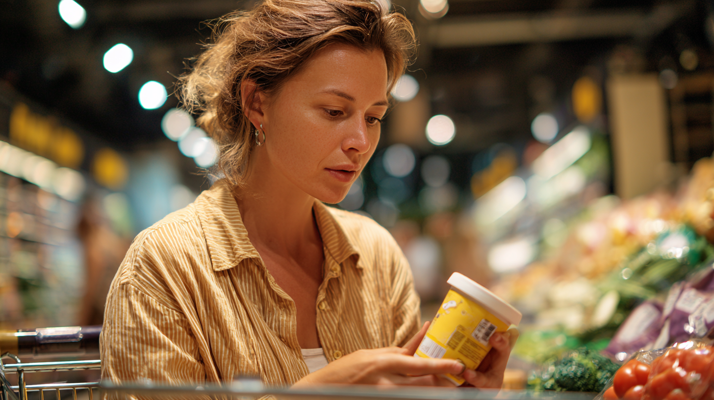 Parent reading food labels carefully while shopping for baby food