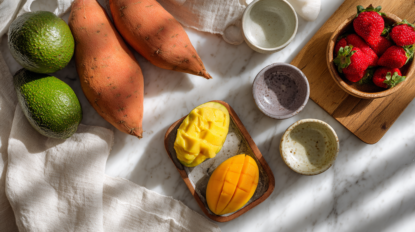 Healthy homemade baby food ingredients including fresh fruits and vegetables