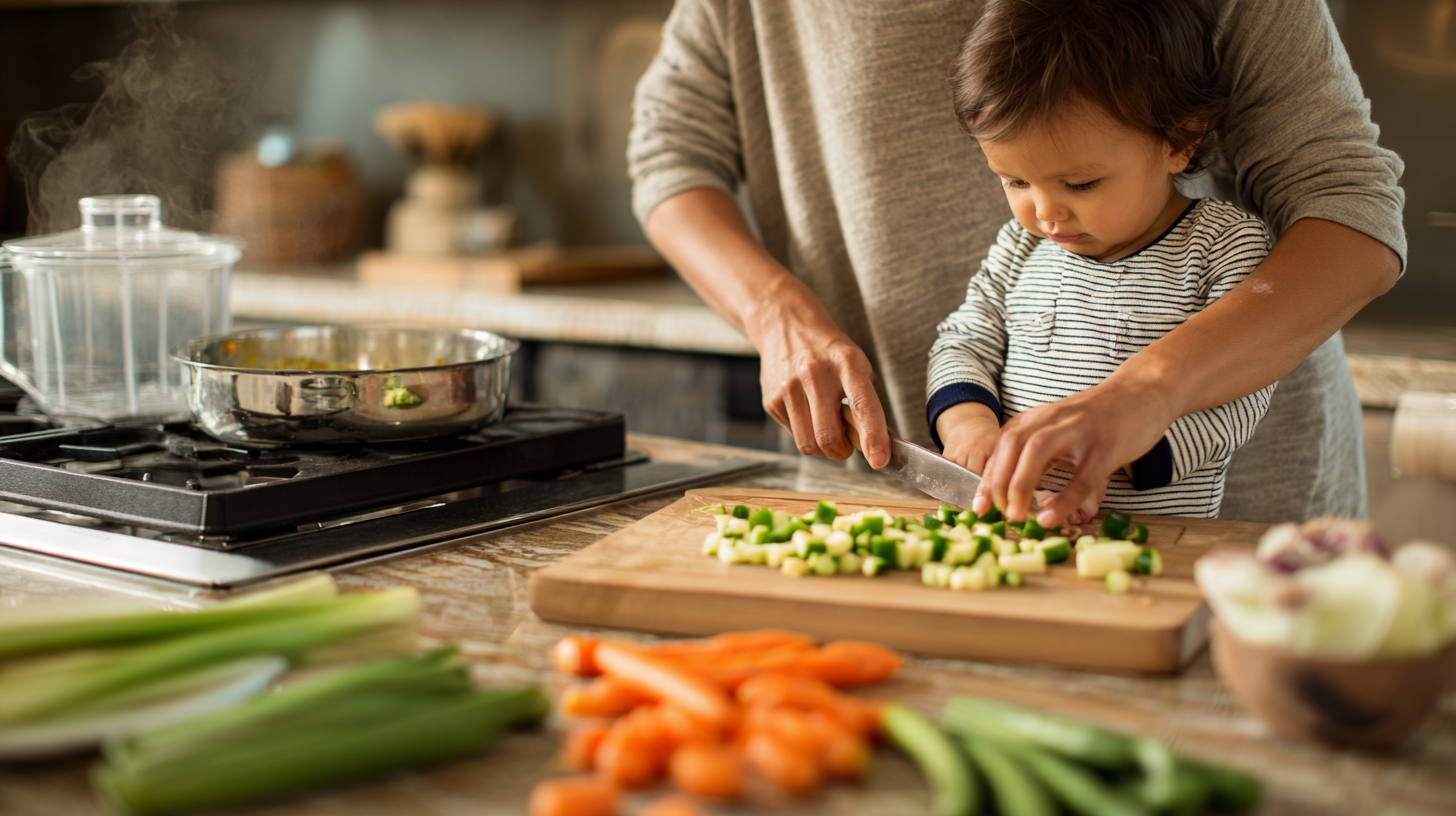 Parent preparing fresh homemade baby food in kitchen with whole ingredients