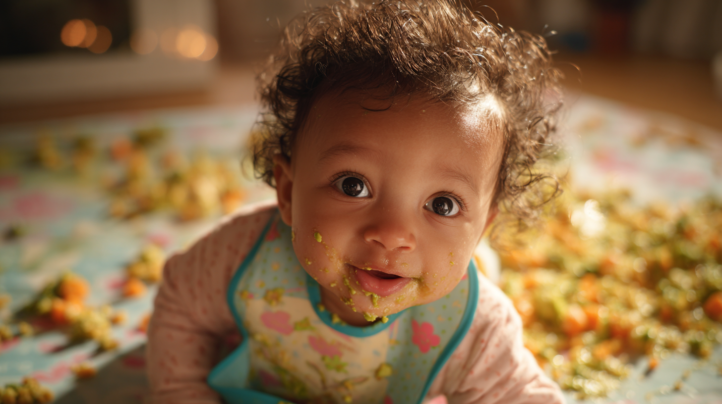 Happy baby covered in food making a mess during mealtime with protective mat and bib