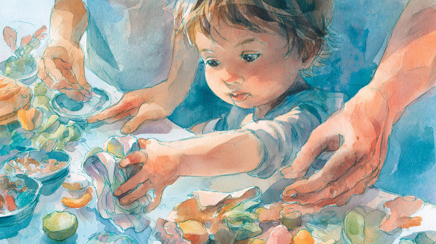 Toddler helping to clean up after mealtime learning responsibility with parent guidance