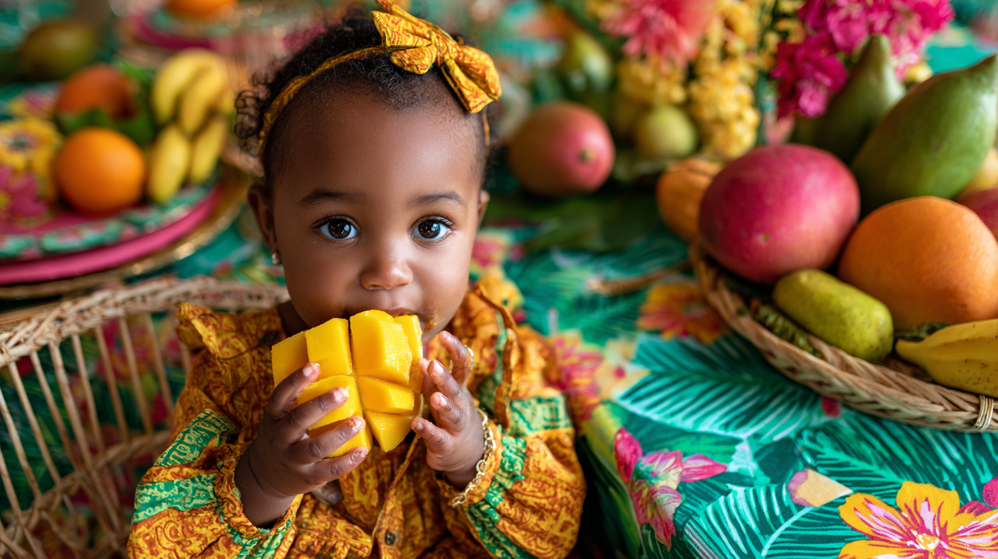Happy family mealtime with baby engaged in self-feeding, showing positive food relationships and responsive feeding in action