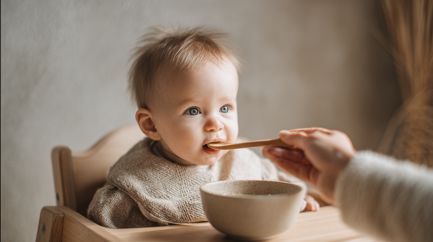Happy baby eating independently showing natural appetite cues and portion self-regulation