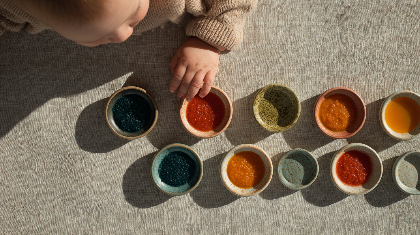 Variety of age-appropriate baby food portions showing realistic serving sizes