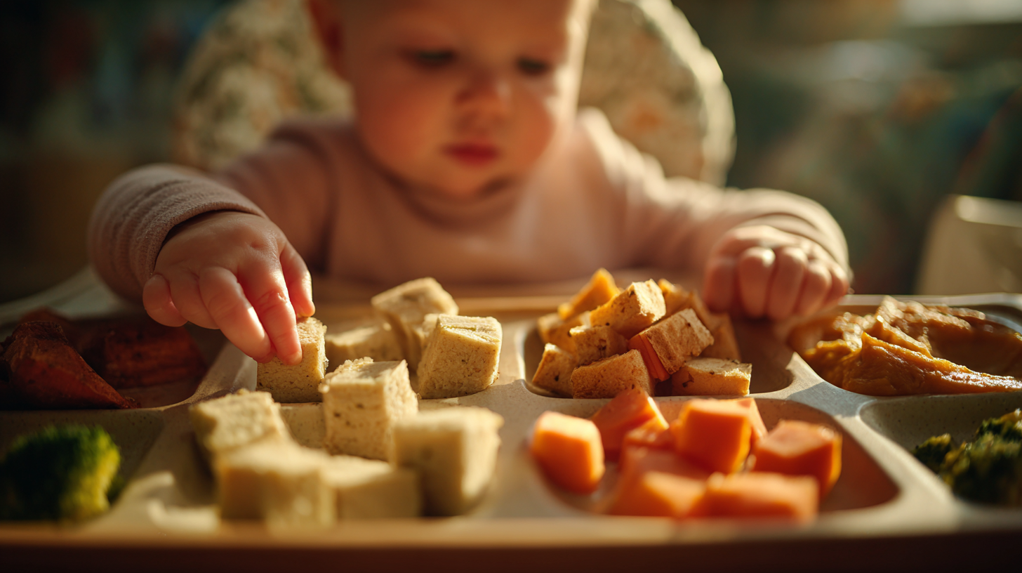 Baby exploring different food textures and preparations during repeated exposure feeding strategy