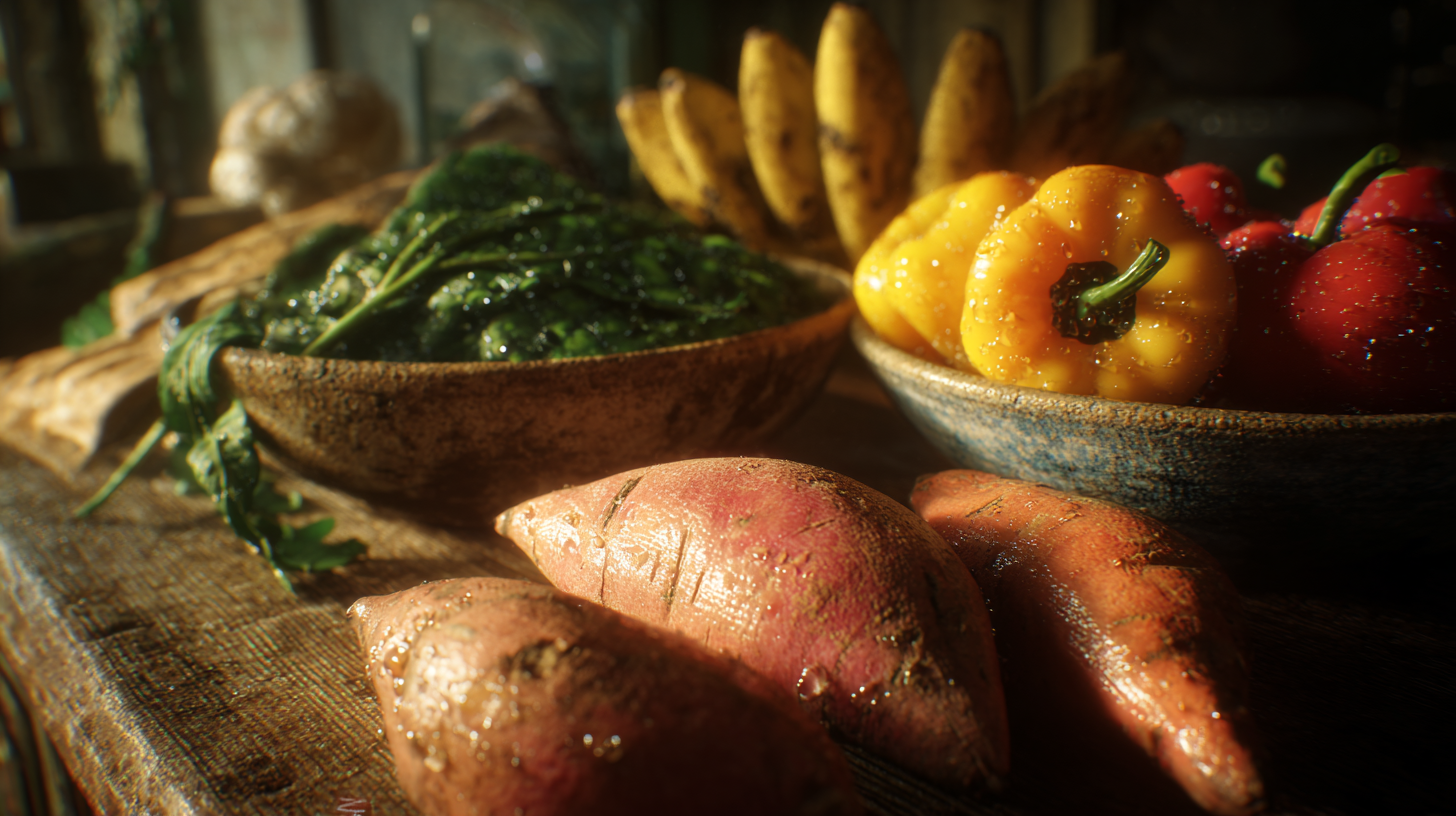 Colorful array of immune-supporting whole foods for babies including sweet potatoes, leafy greens, colorful vegetables, and tropical fruits arranged on a wooden surface