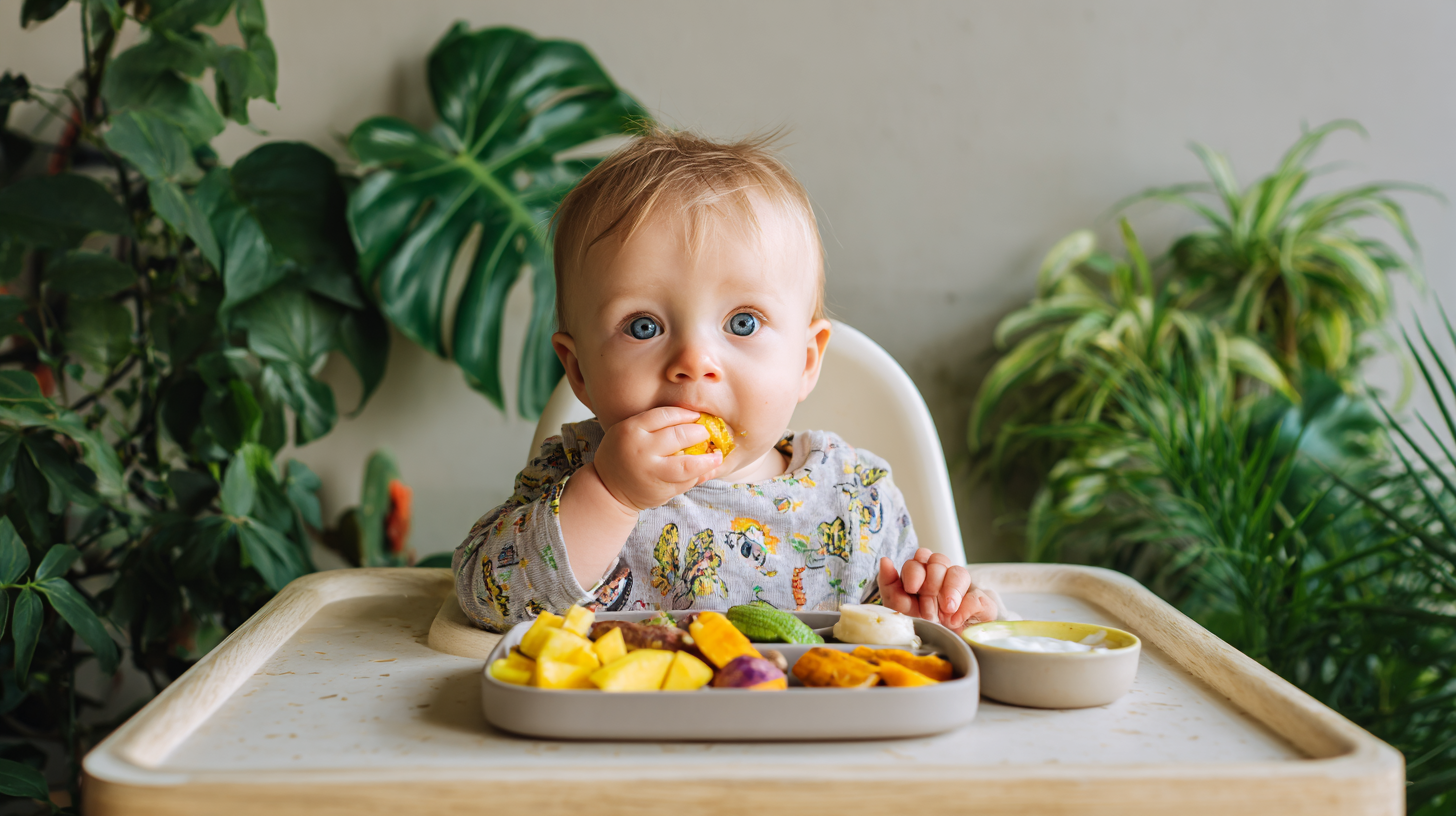 Baby eating nutritious food supporting gut health development with colorful fruits and vegetables
