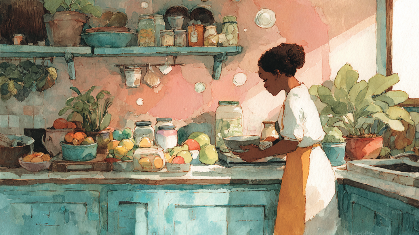 Mother preparing probiotic-rich foods for baby including yogurt and fermented vegetables in kitchen