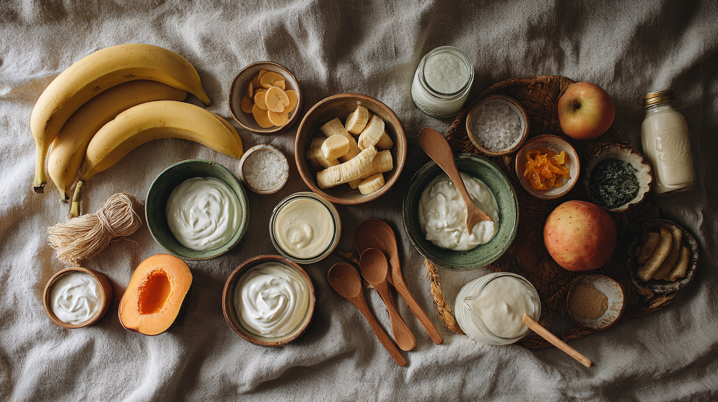 Diverse probiotic and prebiotic foods arranged for baby including yogurt bananas sweet potatoes and kefir