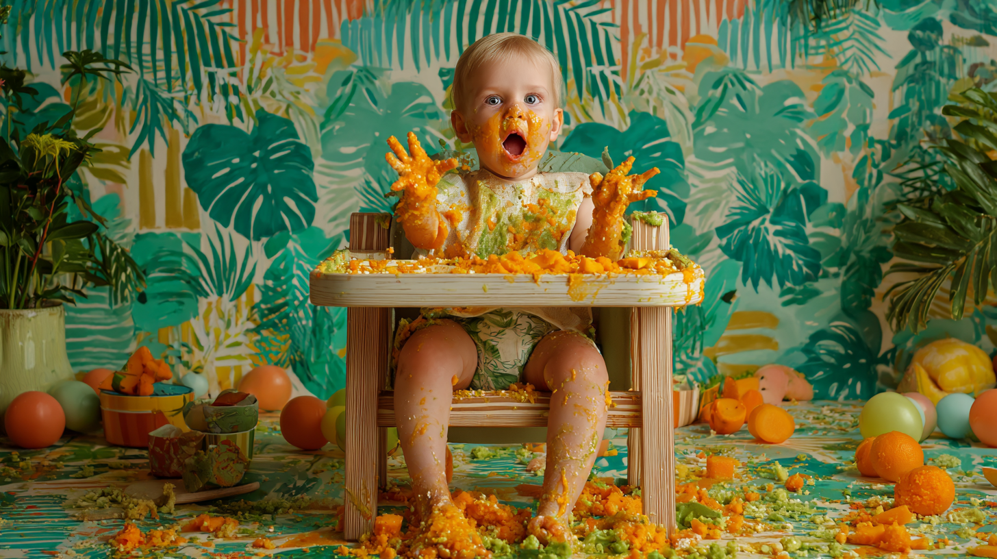 Messy baby during baby-led weaning meal with food scattered around high chair