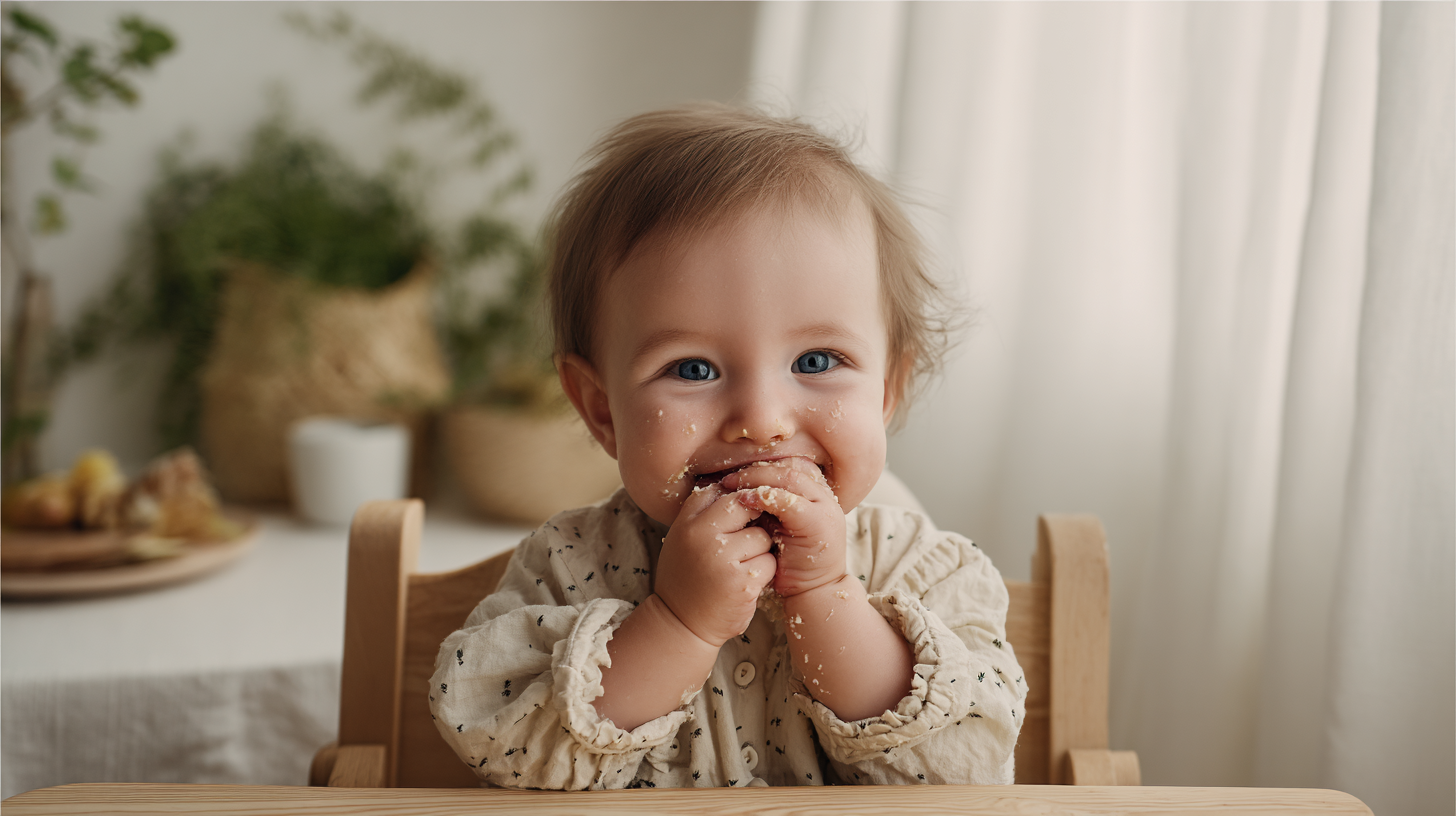 Happy messy baby after successful baby-led weaning meal showing real parenting moment